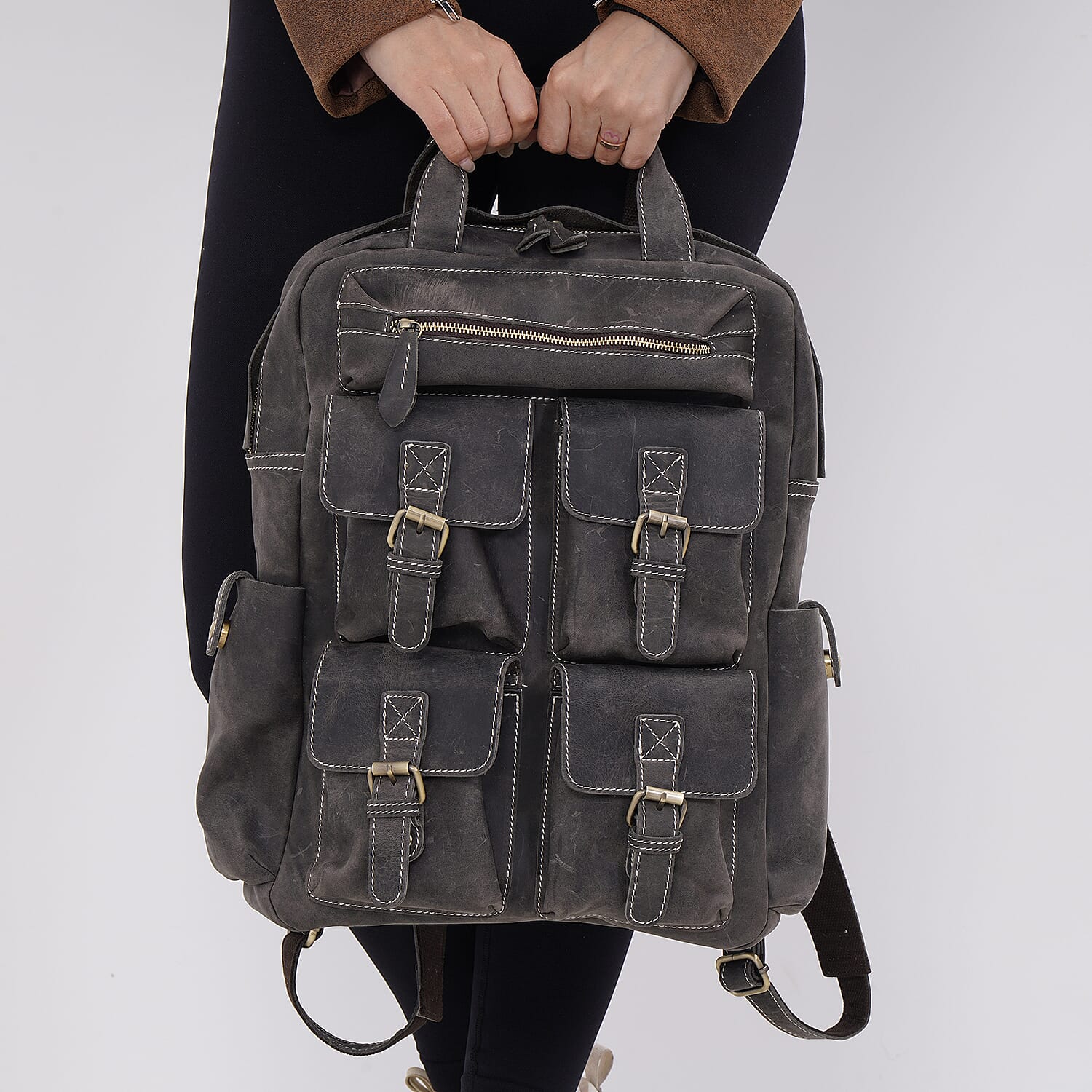 Italy Retro Noble Collection Gray Color Genuine Leather Backpack with Handle Drop and Adjustable Double Shoulder Straps