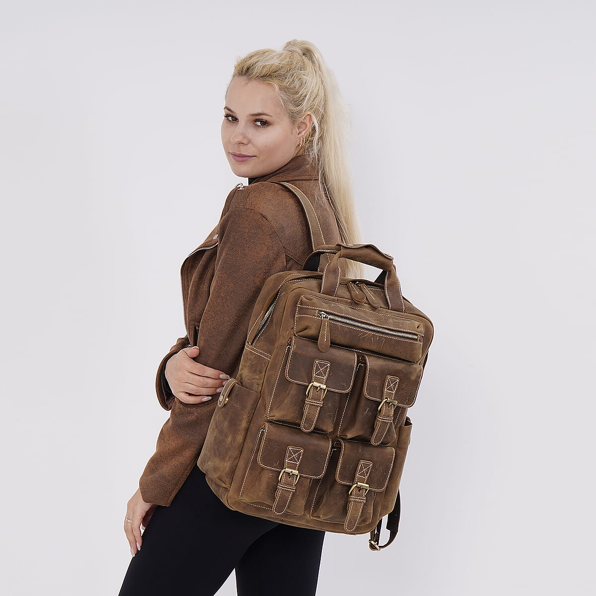 Italy Retro Noble Collection Brown Color Genuine Leather Backpack with Handle Drop and Adjustable Double Shoulder Straps image number 1