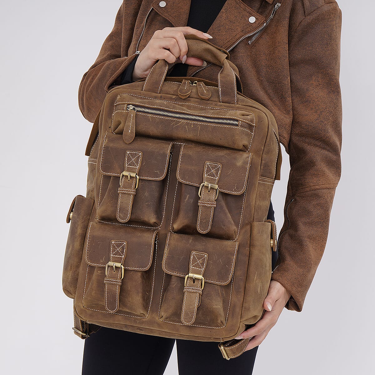 Italy Retro Noble Collection Brown Color Genuine Leather Backpack with Handle Drop and Adjustable Double Shoulder Straps image number 2