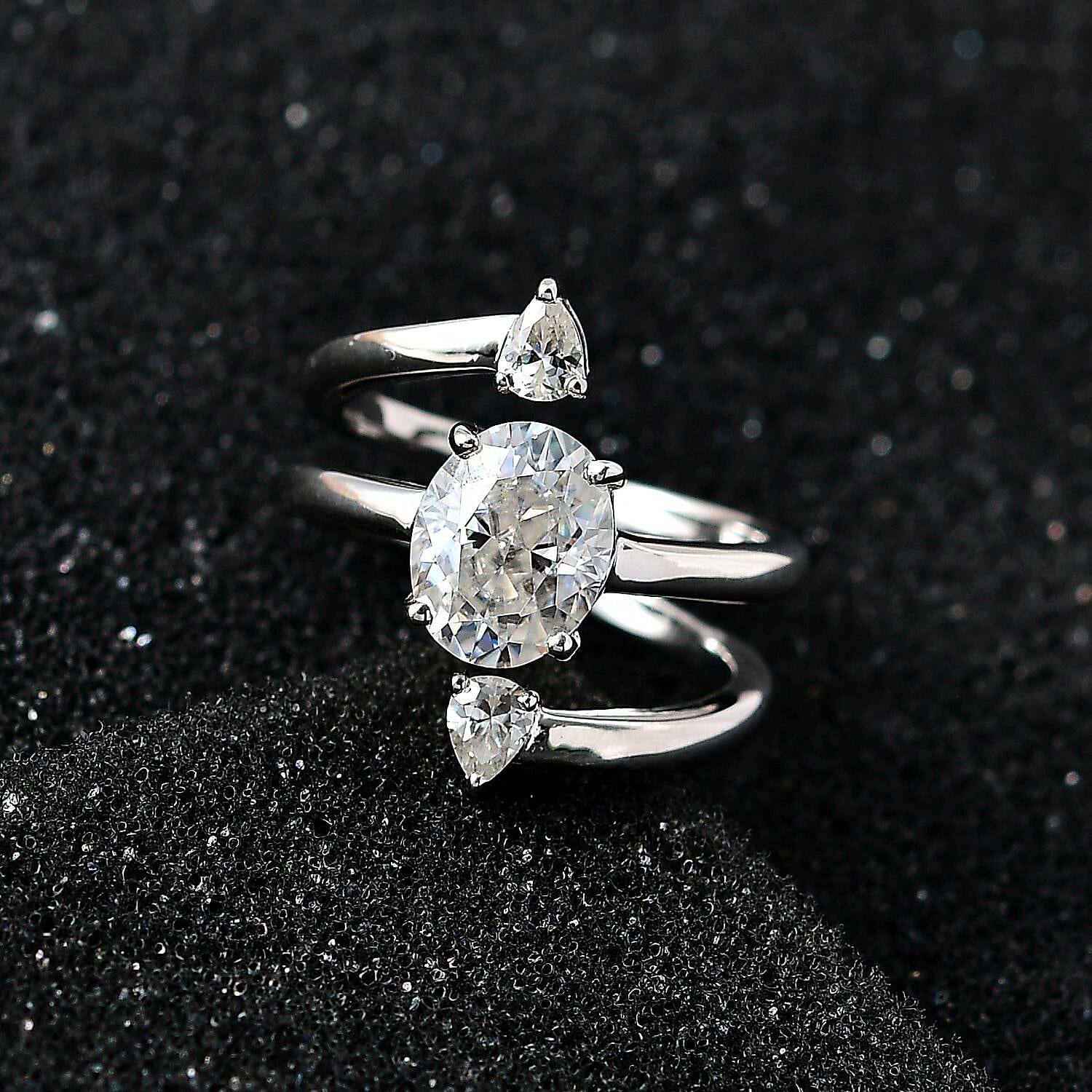 Moissanite 3 Row Bypass Ring in Rhodium Over Sterling Silver (Size 6.0) 2.40 ctw