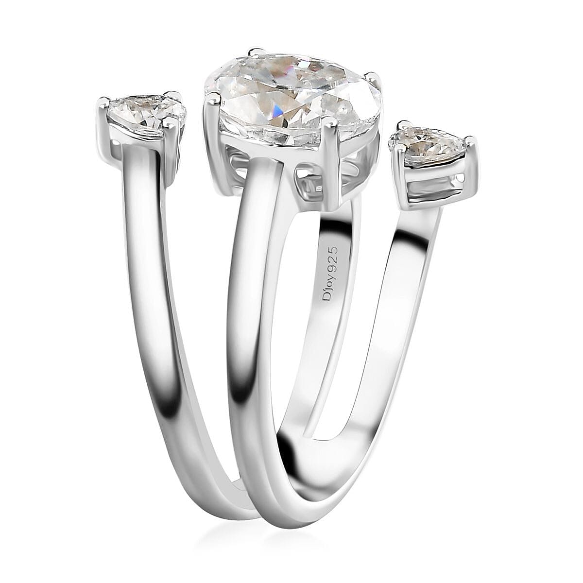 Moissanite 3 Row Bypass Ring in Rhodium Over Sterling Silver (Size 6.0) 2.40 ctw