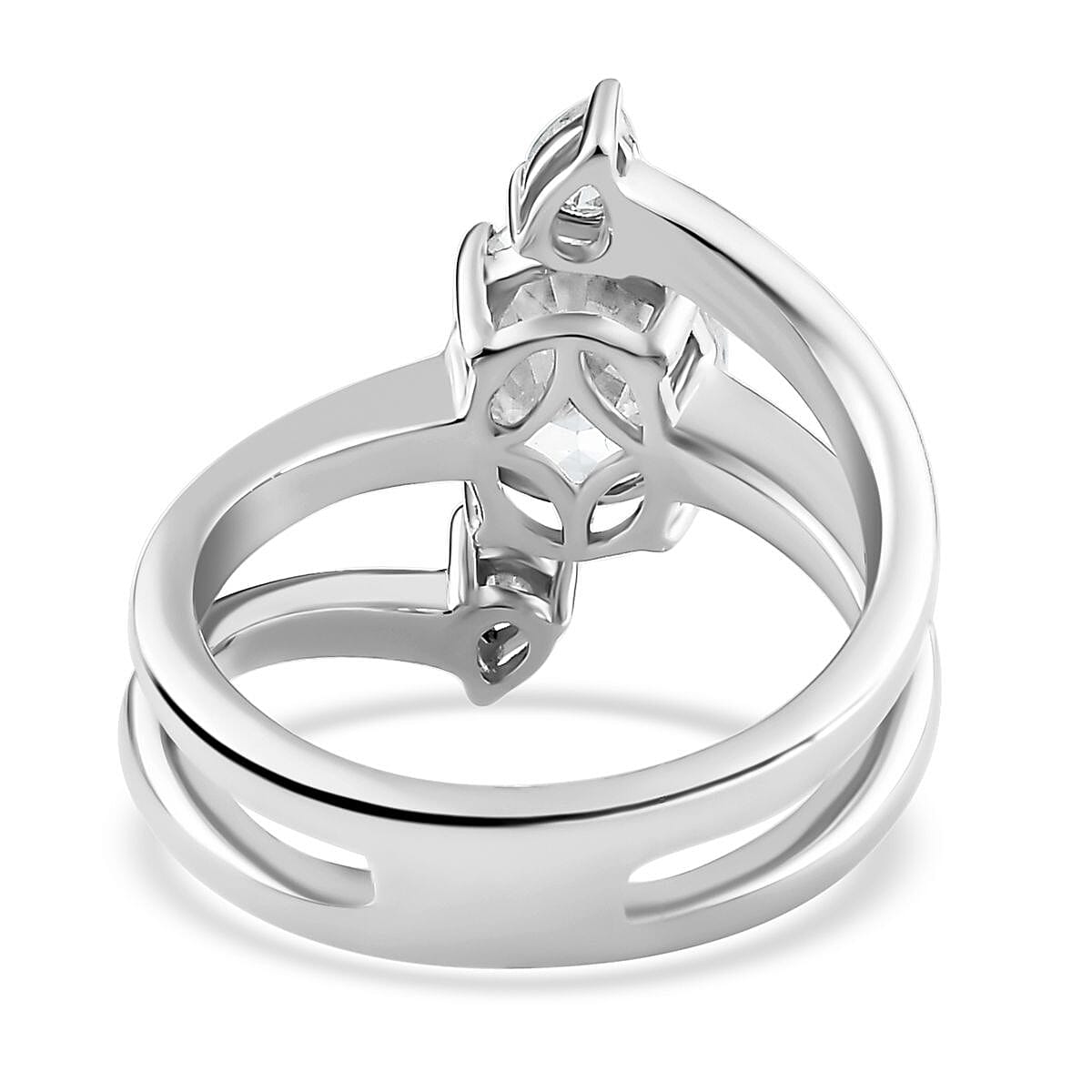 Moissanite 3 Row Bypass Ring in Rhodium Over Sterling Silver (Size 6.0) 2.40 ctw