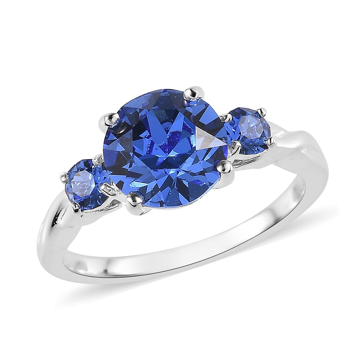 Designer Premium Sapphire Color Austrian Crystal 3 Stone Ring in Sterling Silver (Size 10.0)