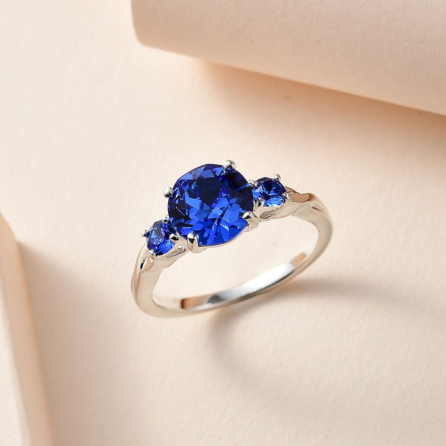 Designer Premium Sapphire Color Austrian Crystal 3 Stone Ring in Sterling Silver (Size 10.0)