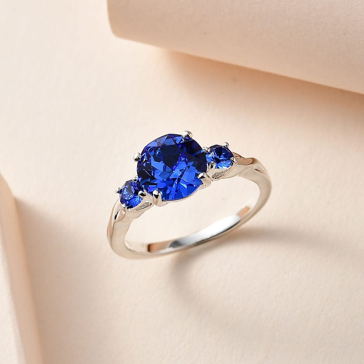 Sapphire Color Crystal 3 Stone Ring in Sterling Silver (Size 10.0) image number 1