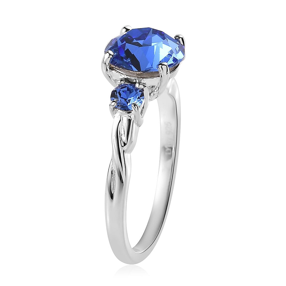 Designer Premium Sapphire Color Austrian Crystal 3 Stone Ring in Sterling Silver (Size 10.0)