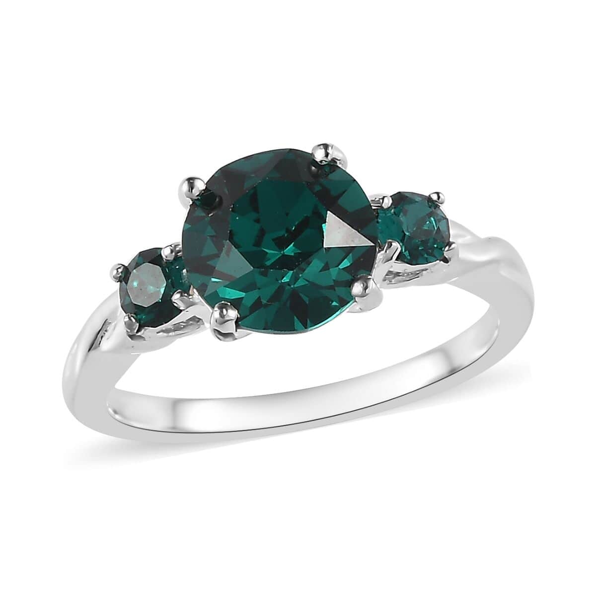 Designer Premium Emerald Color Austrian Crystal 3 Stone Ring in Sterling Silver (Size 5.0) image number 0