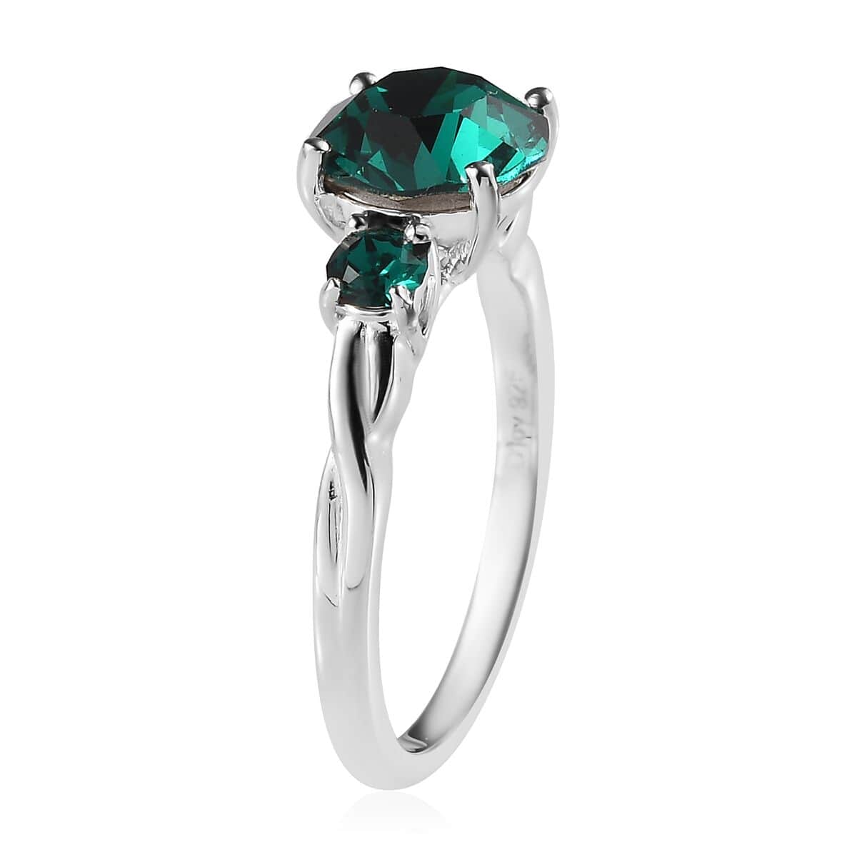 Designer Premium Emerald Color Austrian Crystal 3 Stone Ring in Sterling Silver (Size 5.0) image number 3