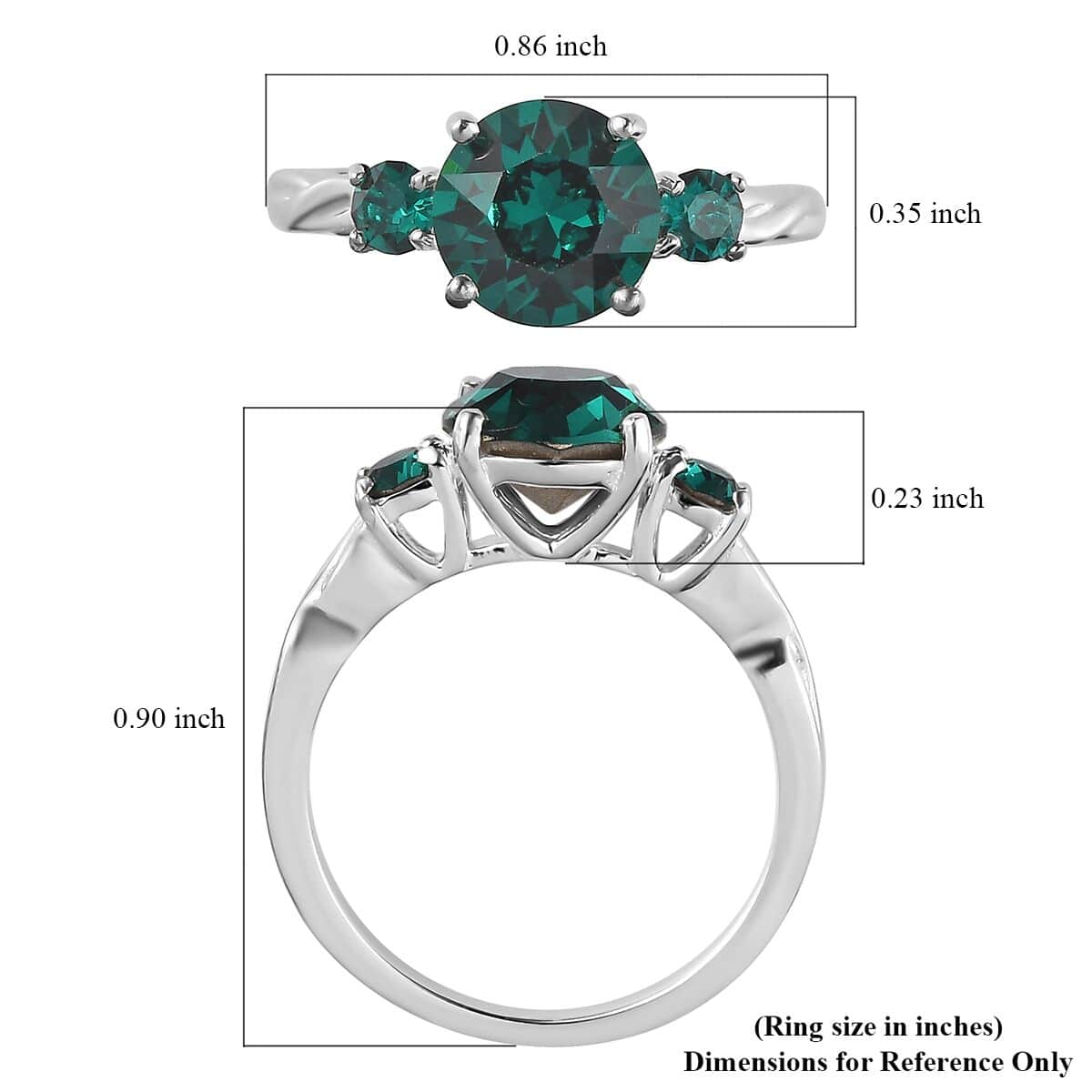 Designer Premium Emerald Color Austrian Crystal 3 Stone Ring in Sterling Silver (Size 5.0) image number 5