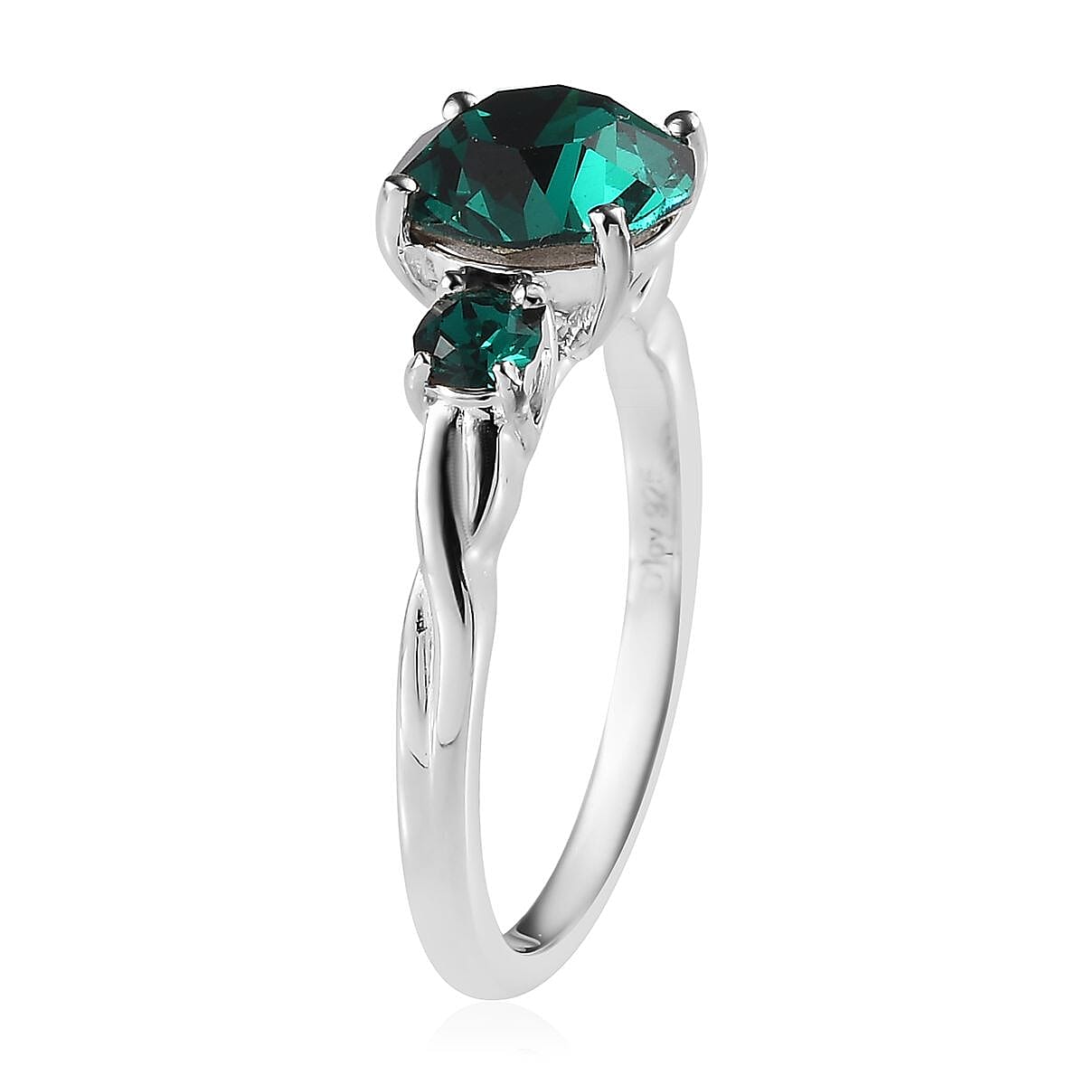 Designer Premium Emerald Color Austrian Crystal 3 Stone Ring in Sterling Silver (Size 6.0) image number 3
