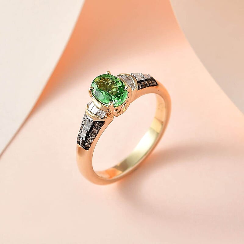 Luxoro 10K Yellow Gold Premium Tsavorite Garnet, I3 Natural Champagne and White Diamond Ring (Size 10.0) 1.00 ctw