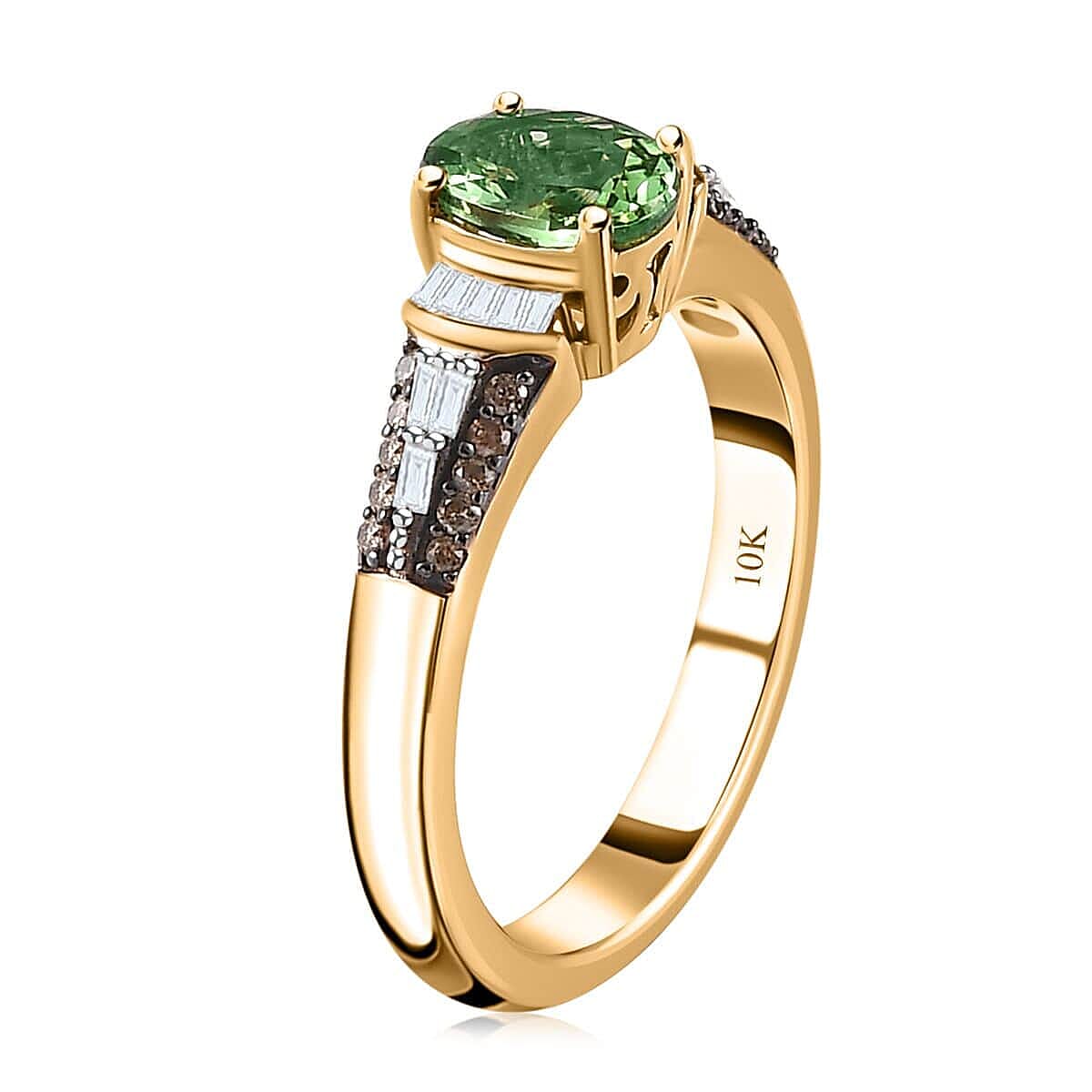 Luxoro 10K Yellow Gold Premium Tsavorite Garnet, I3 Natural Champagne and White Diamond Ring (Size 10.0) 1.00 ctw image number 3