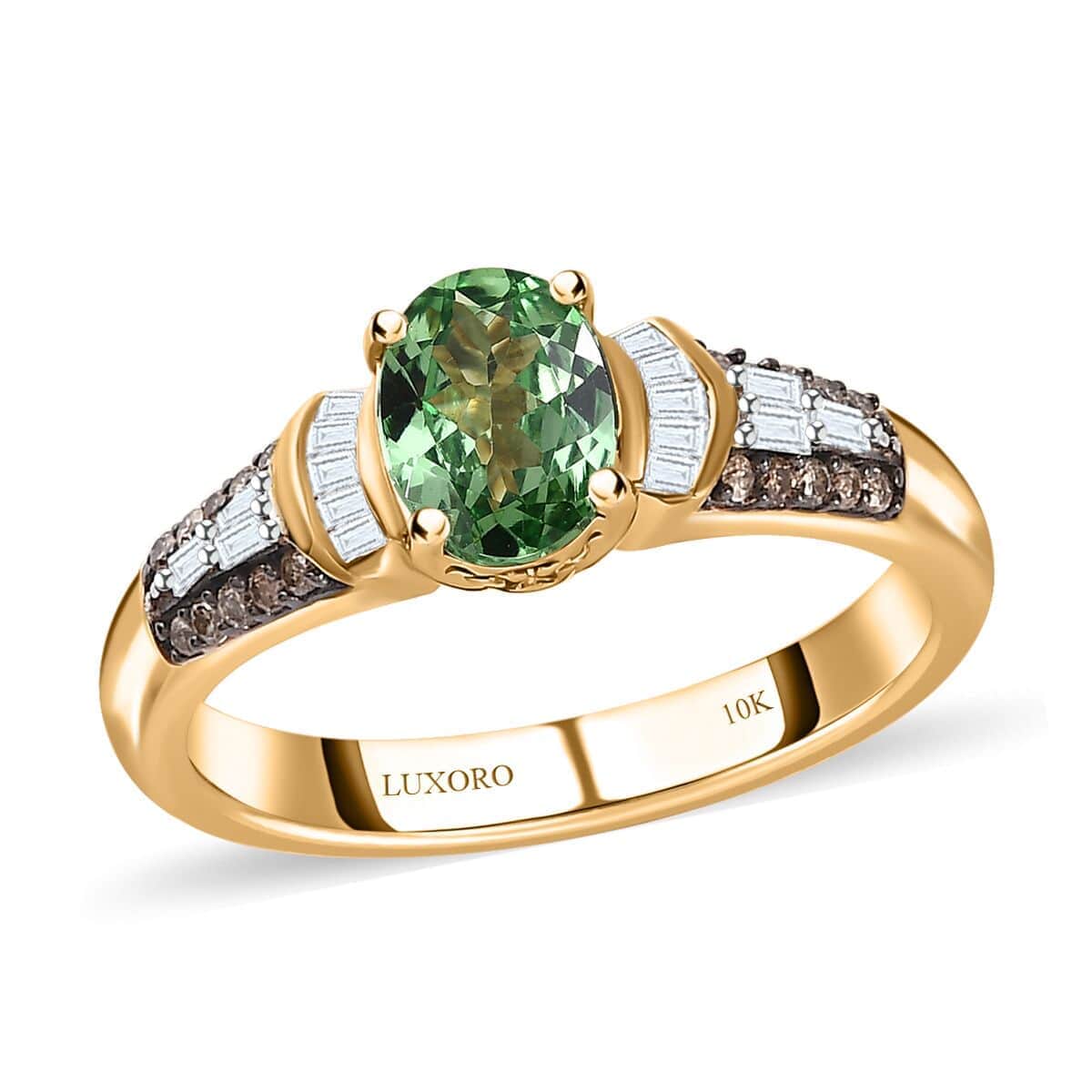 Luxoro 10K Yellow Gold Premium Tsavorite Garnet, I3 Natural Champagne and White Diamond Ring (Size 6.0) 1.00 ctw image number 0