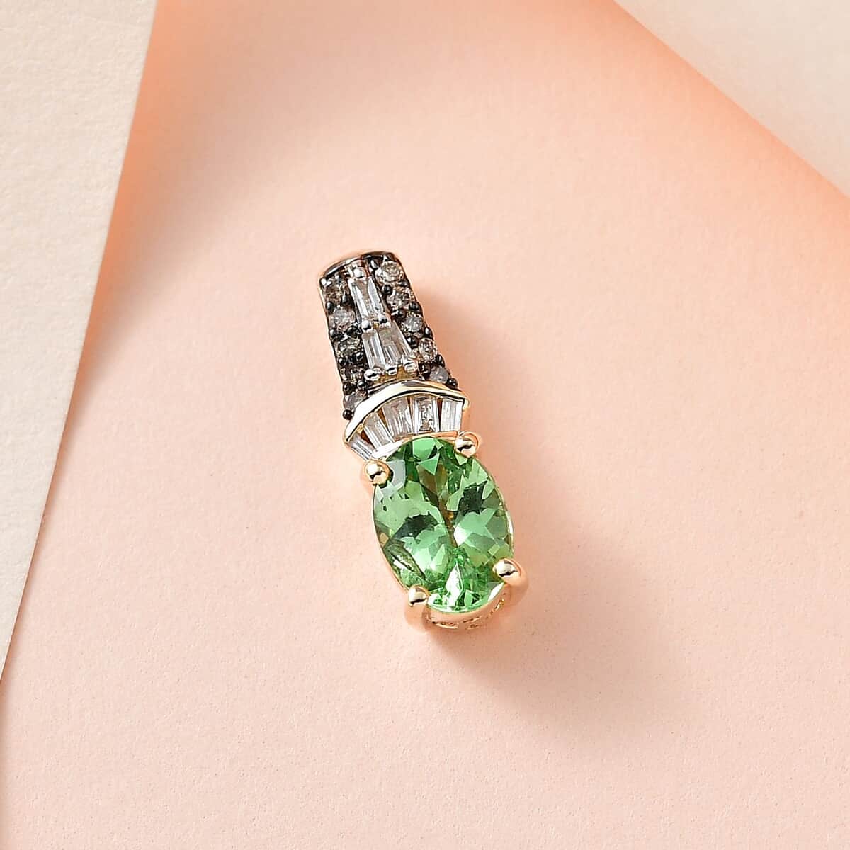 Luxoro 10K Yellow Gold Premium Tsavorite Garnet, I3 Natural Champagne and White Diamond Pendant 0.90 ctw image number 1