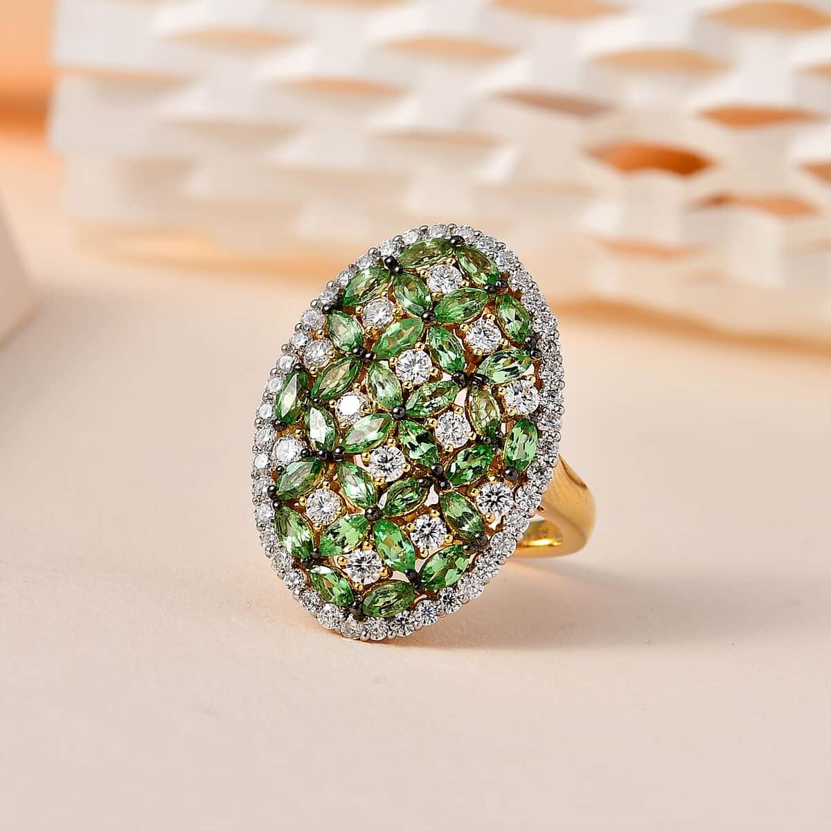 Tsavorite Garnet and Moissanite Cluster Ring in Vermeil Yellow Gold Over Sterling Silver (Size 10.0) 4.00 ctw image number 1