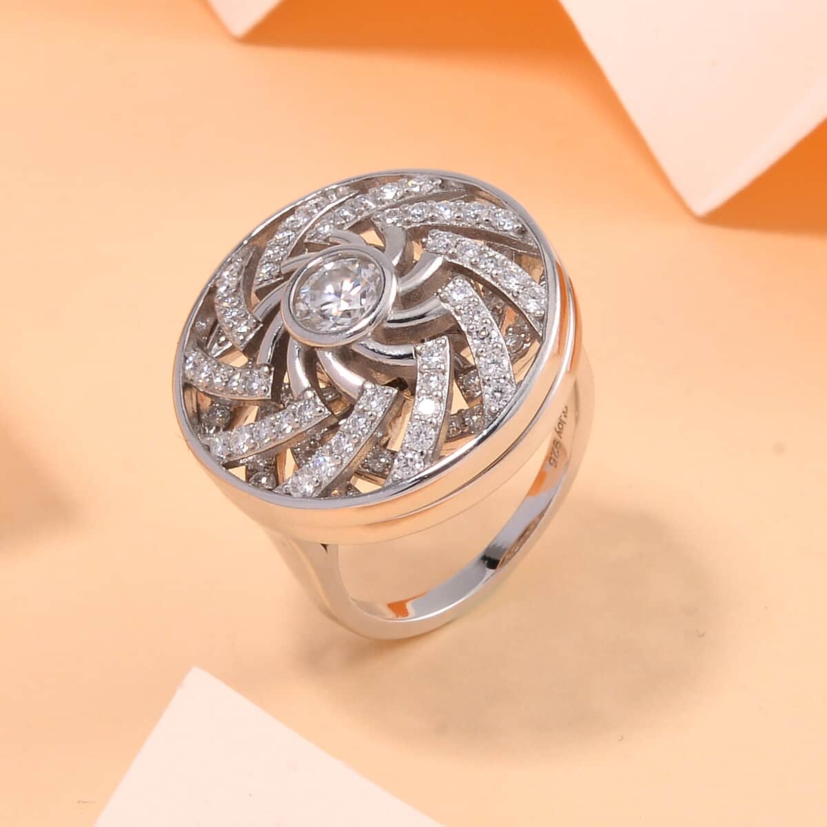 Moissanite Mandala Spiner Ring in Platinum Over Sterling Silver (Size 5.0) 1.60 ctw image number 1