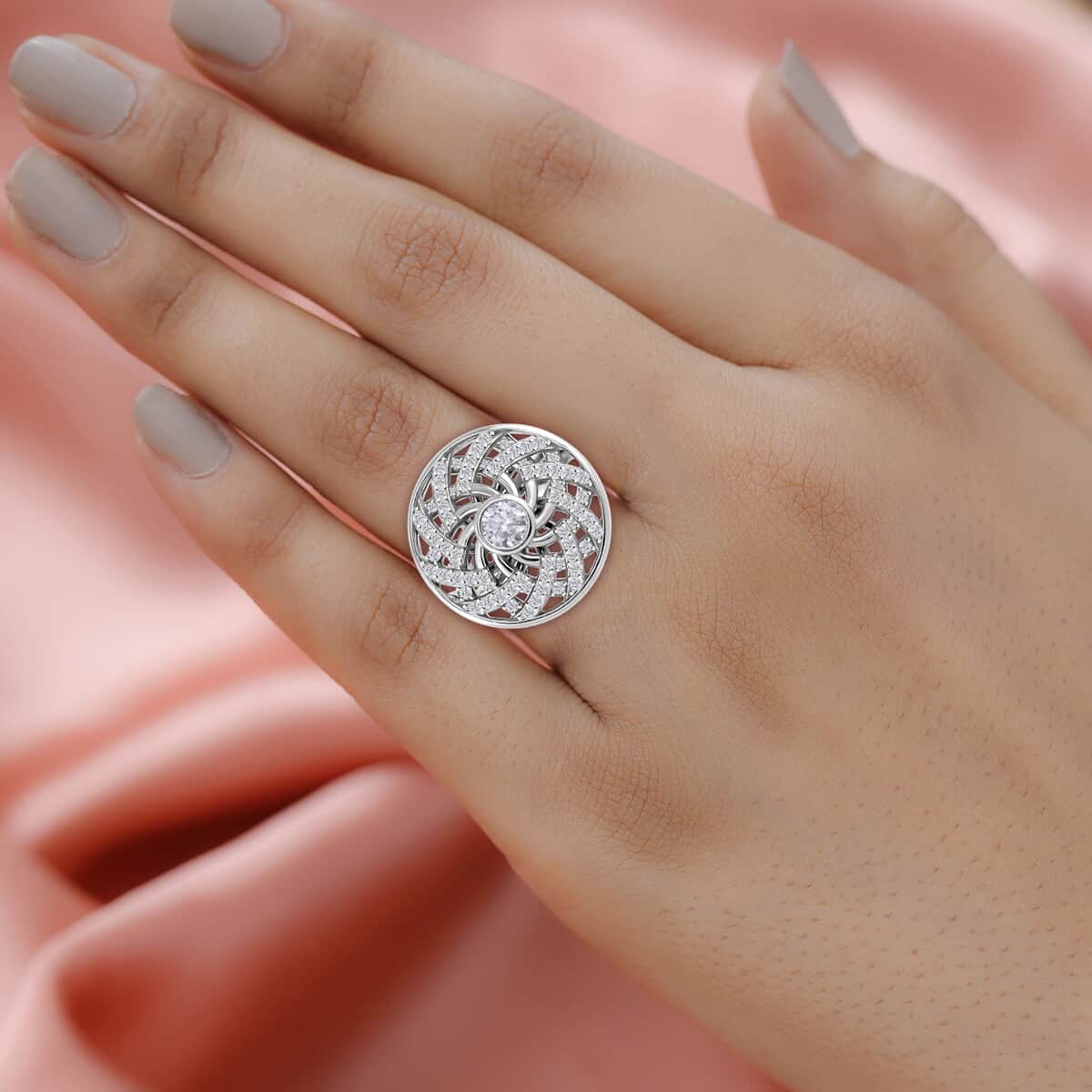 Moissanite Mandala Spiner Ring in Platinum Over Sterling Silver (Size 5.0) 1.60 ctw image number 2