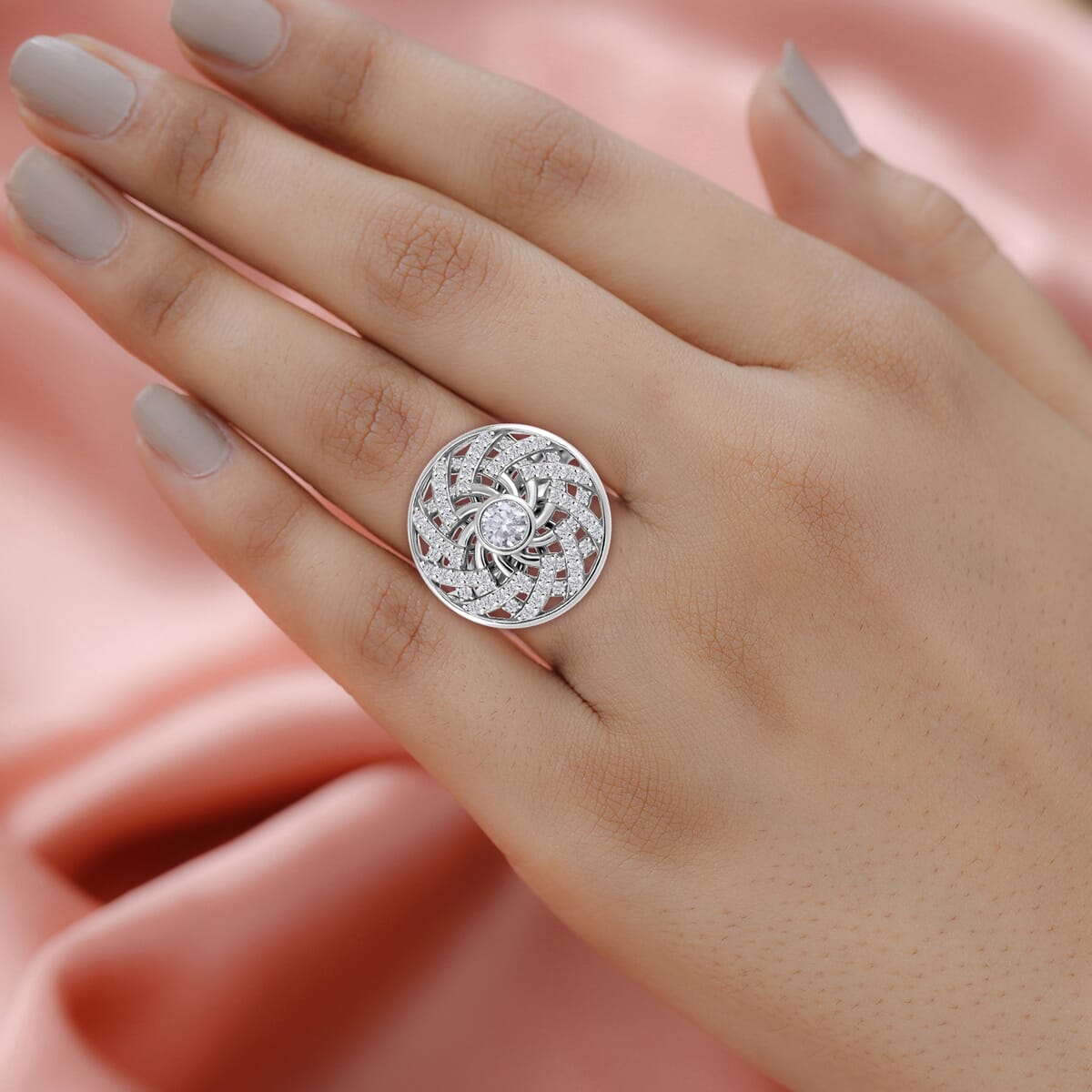 Moissanite 1.60 ctw Mandala Spinner Ring in Platinum Over Sterling Silver (Size 6.0) image number 2