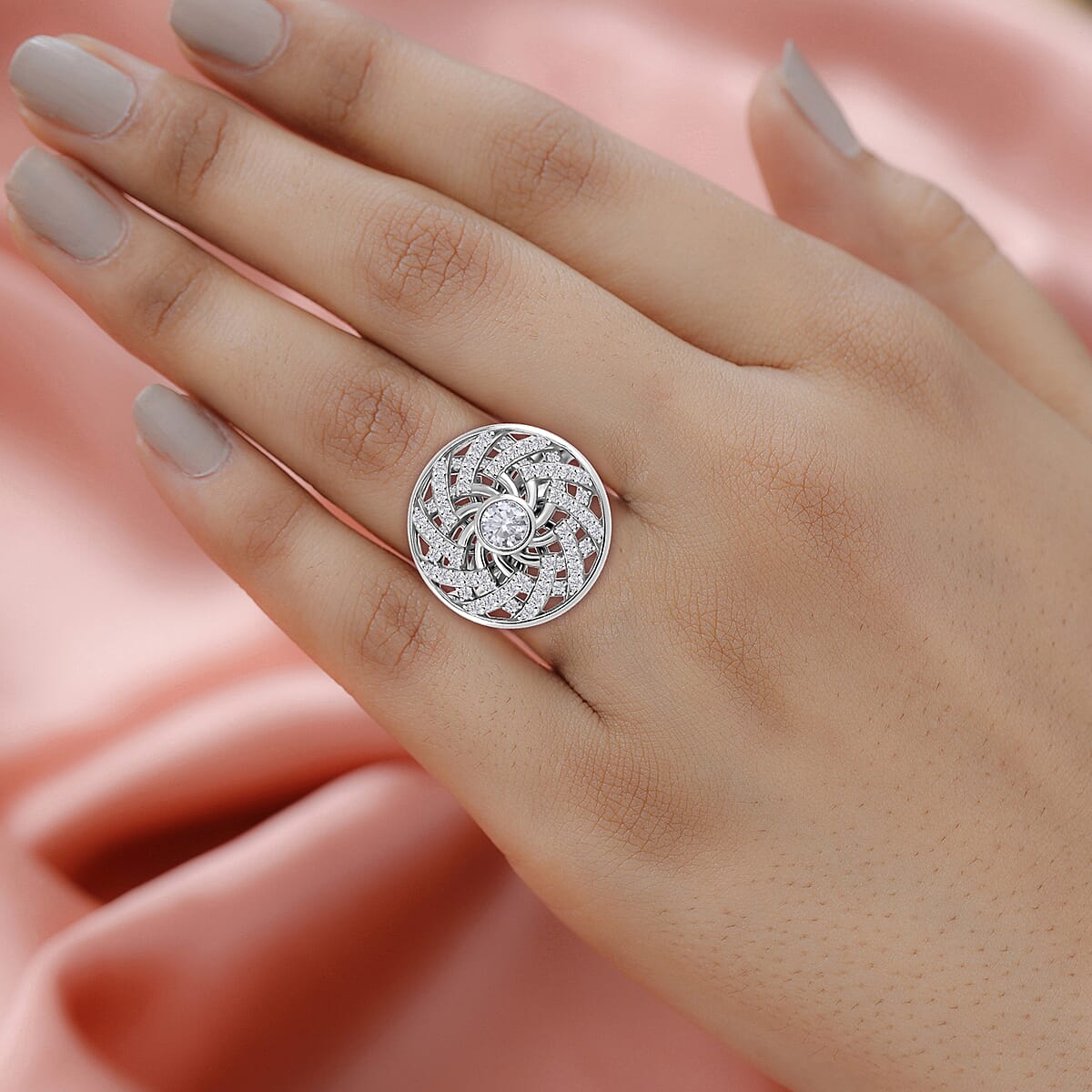 Moissanite 1.60 ctw Mandala Spinner Ring in Platinum Over Sterling Silver (Size 7.0) image number 2