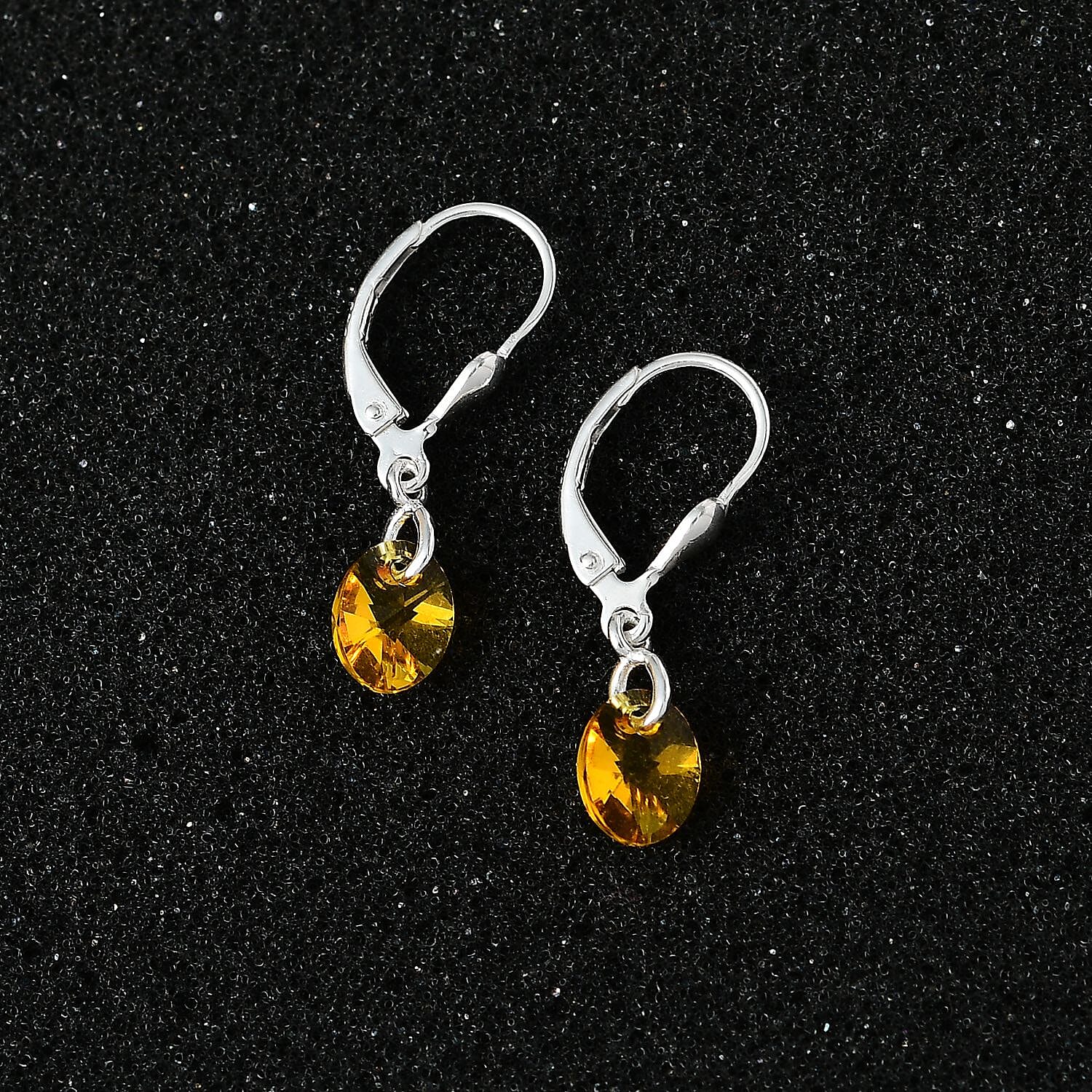 Designer Premium Sunflower Austrian Crystal Lever Back Earrings in Sterling Silver