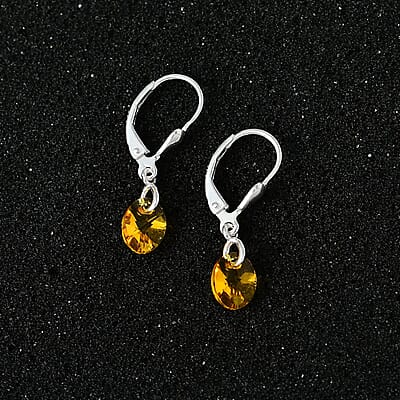Designer Premium Sunflower Austrian Crystal Lever Back Earrings in Sterling Silver