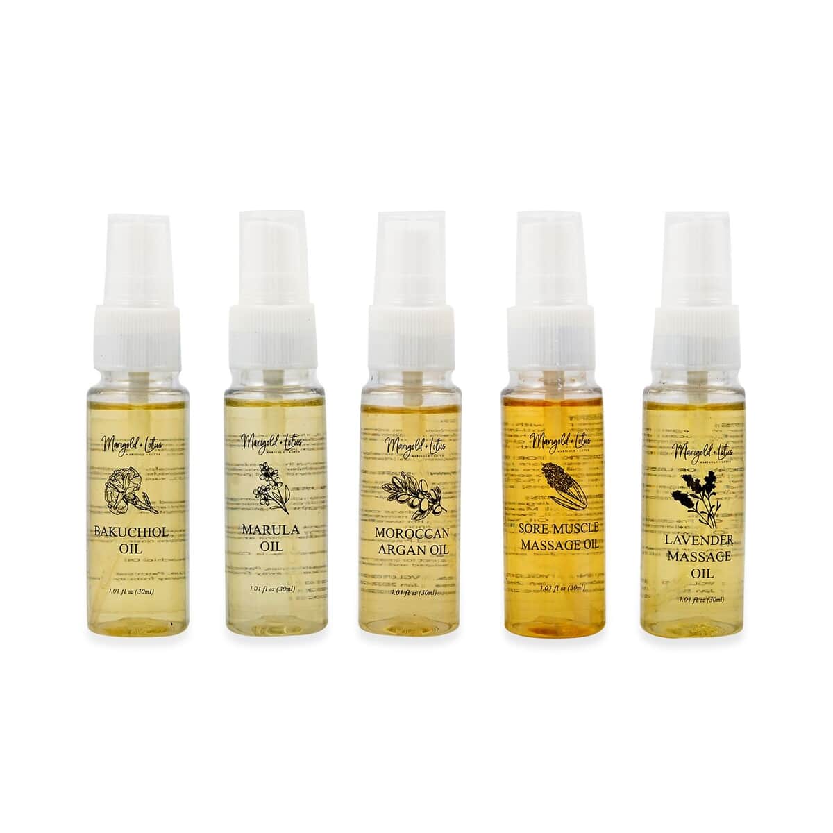 4th July Preview Deals Set of 5 Oils- Travel Edition, 2 of The Muscle Pain Relief Oils, 1 Marula, 1 Argan and 1 Bakuchi Oil (30 ml Each) Spray Bottles image number 0