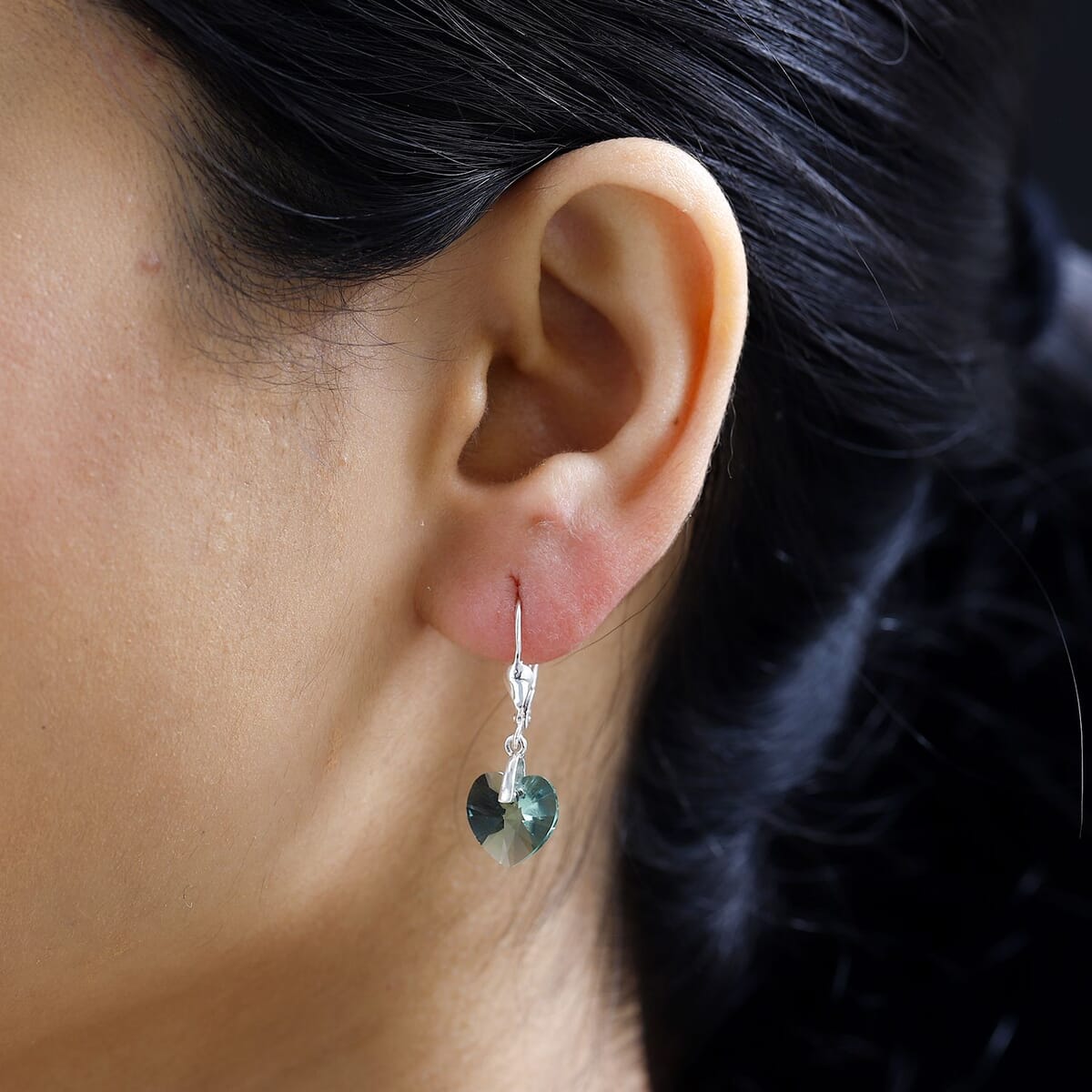 Designer Premium Montana Austrian Crystal Lever Back Heart Earrings in Sterling Silver image number 2