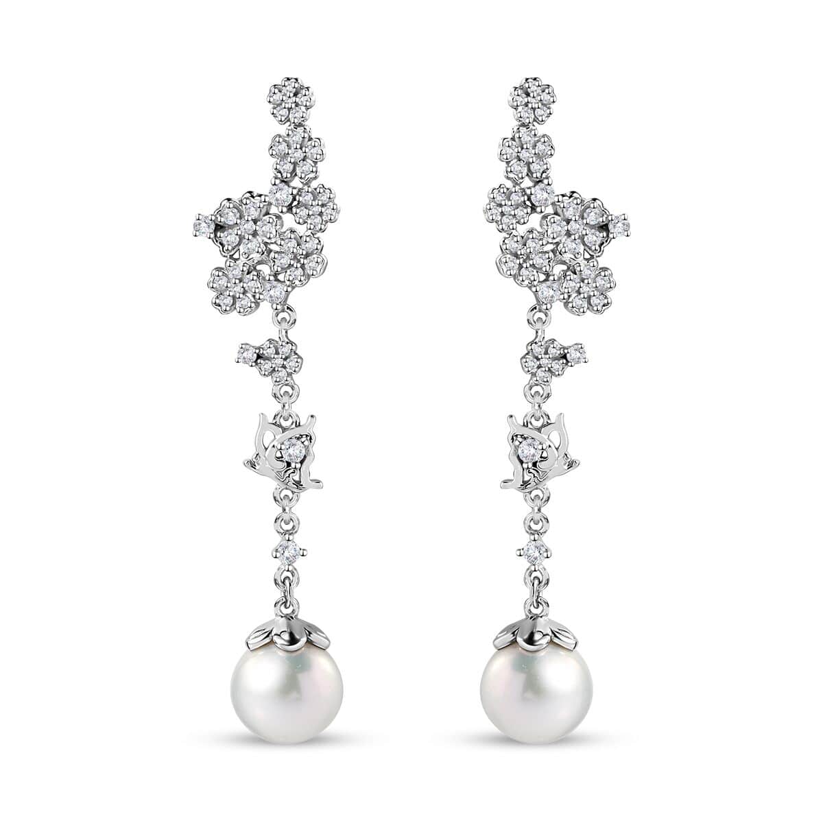 White Freshwater Pearl and Moissanite Statement Floral Ear Climber Drop Earrings in Rhodium Over Sterling Silver 1.20 ctw image number 0