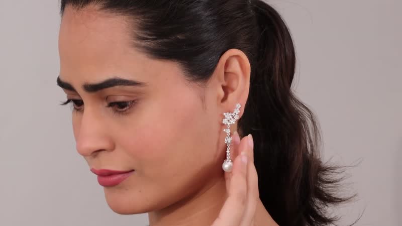 White Freshwater Pearl and Moissanite Statement Floral Ear Climber Drop Earrings in Rhodium Over Sterling Silver 1.20 ctw