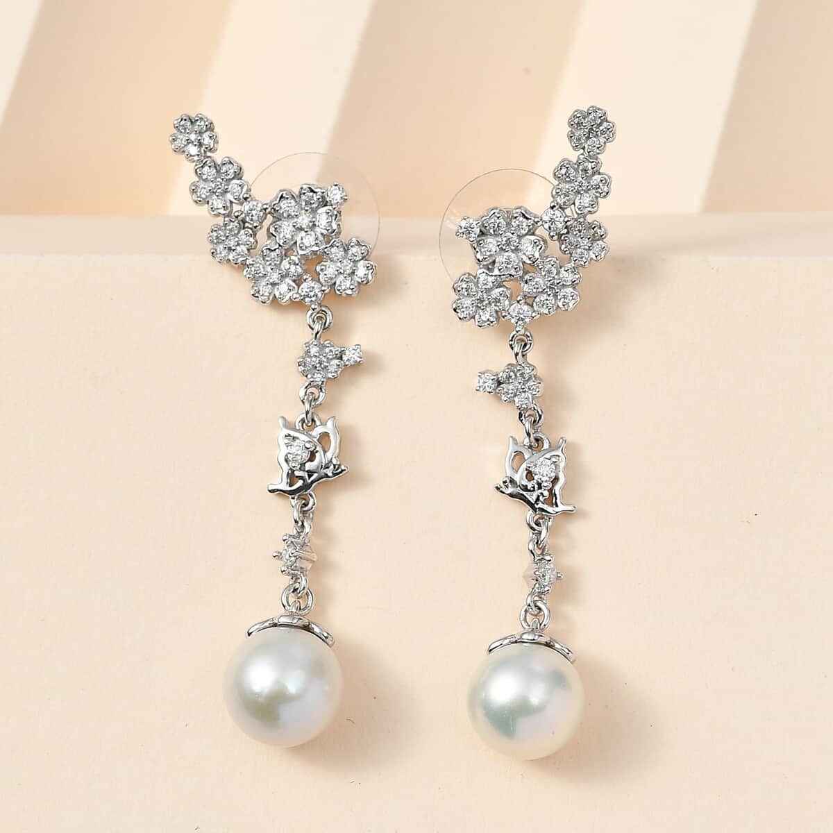 White Freshwater Pearl and Moissanite Statement Floral Ear Climber Drop Earrings in Rhodium Over Sterling Silver 1.20 ctw image number 1