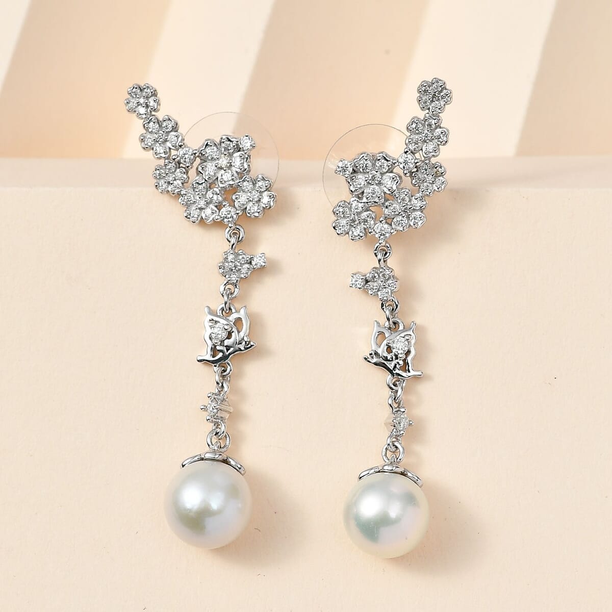 Ear Climber Earrings White Cultured Freshwater Pearls Rhodium on Sterling Silver Ear Climber Earrings White Cultured Freshwater Pearls Rhodium on Sterling Silver