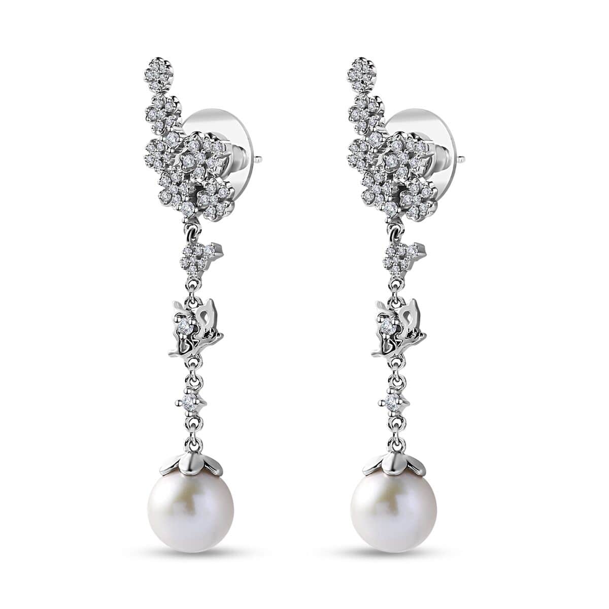 White Freshwater Pearl and Moissanite Statement Floral Ear Climber Drop Earrings in Rhodium Over Sterling Silver 1.20 ctw image number 3