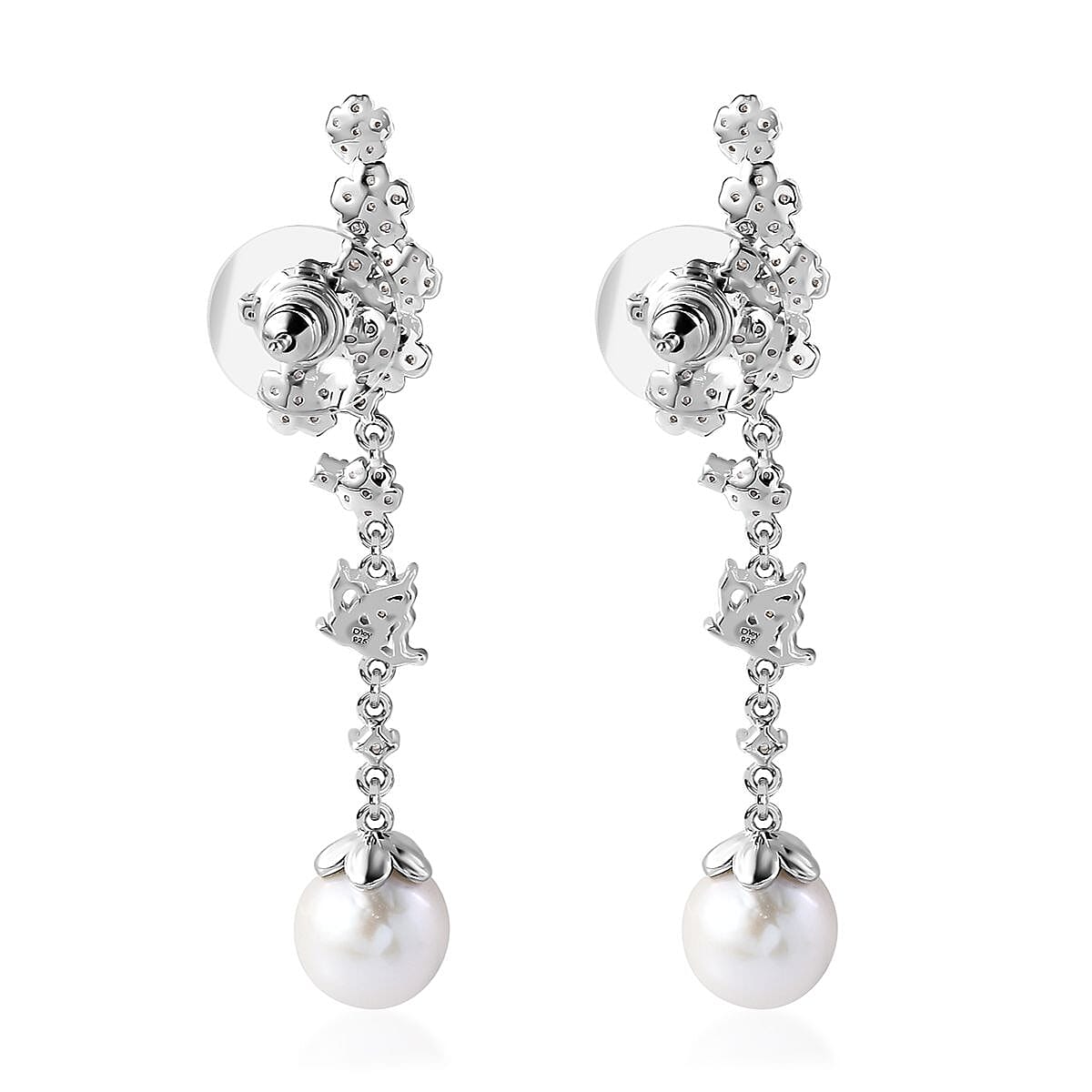 White Freshwater Pearl and Moissanite Statement Floral Ear Climber Drop Earrings in Rhodium Over Sterling Silver 1.20 ctw
