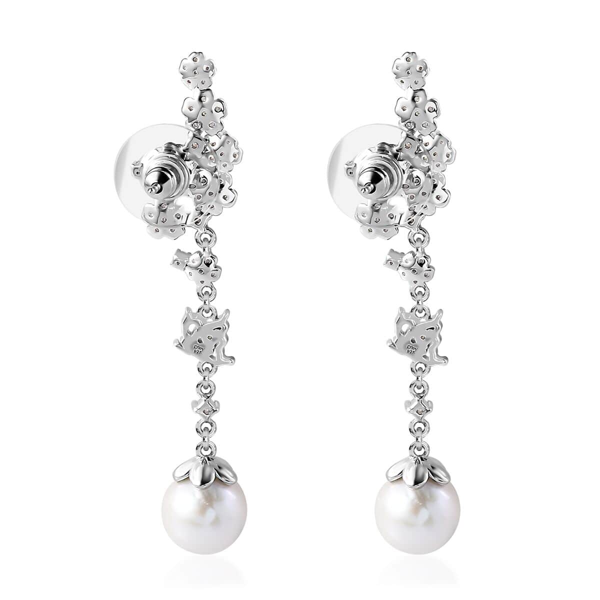 White Freshwater Pearl and Moissanite Statement Floral Ear Climber Drop Earrings in Rhodium Over Sterling Silver 1.20 ctw image number 4