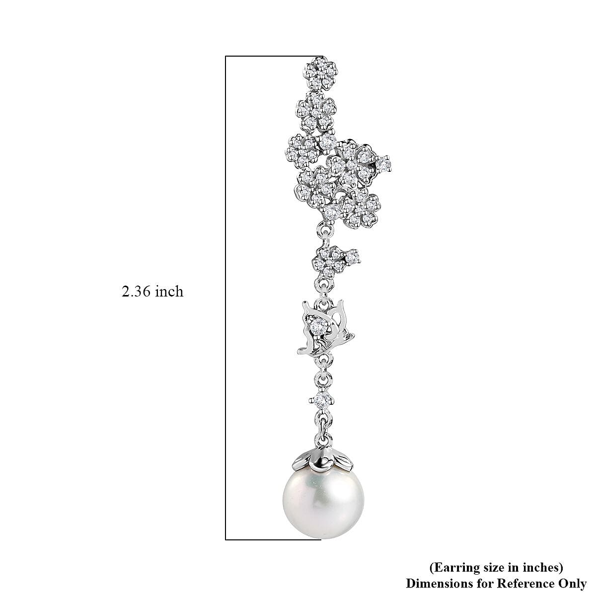 White Freshwater Pearl and Moissanite Statement Floral Ear Climber Drop Earrings in Rhodium Over Sterling Silver 1.20 ctw