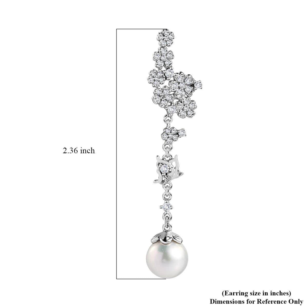 White Freshwater Pearl and Moissanite Statement Floral Ear Climber Drop Earrings in Rhodium Over Sterling Silver 1.20 ctw image number 5