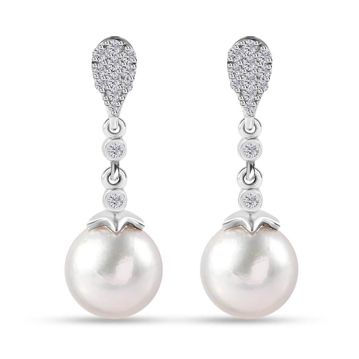 White Freshwater Pearl and Moissanite Statement Drop Earrings in Rhodium Over Sterling Silver 0.50 ctw image number 0