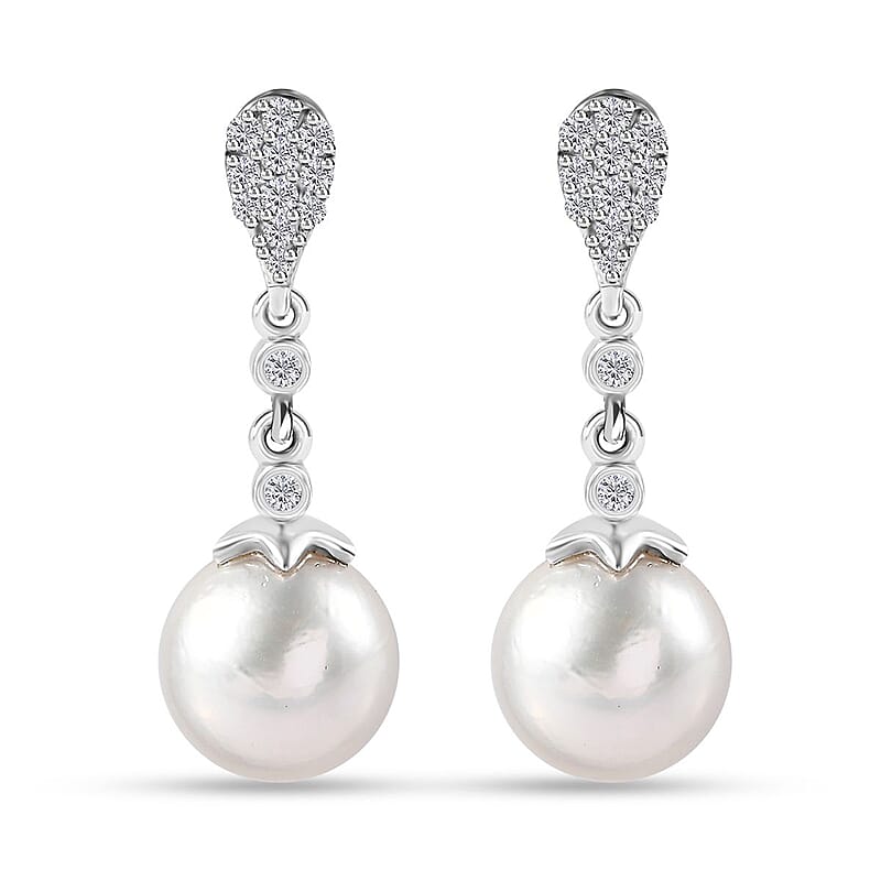 White Freshwater Pearl and Moissanite Statement Drop Earrings in Rhodium Over Sterling Silver 0.50 ctw