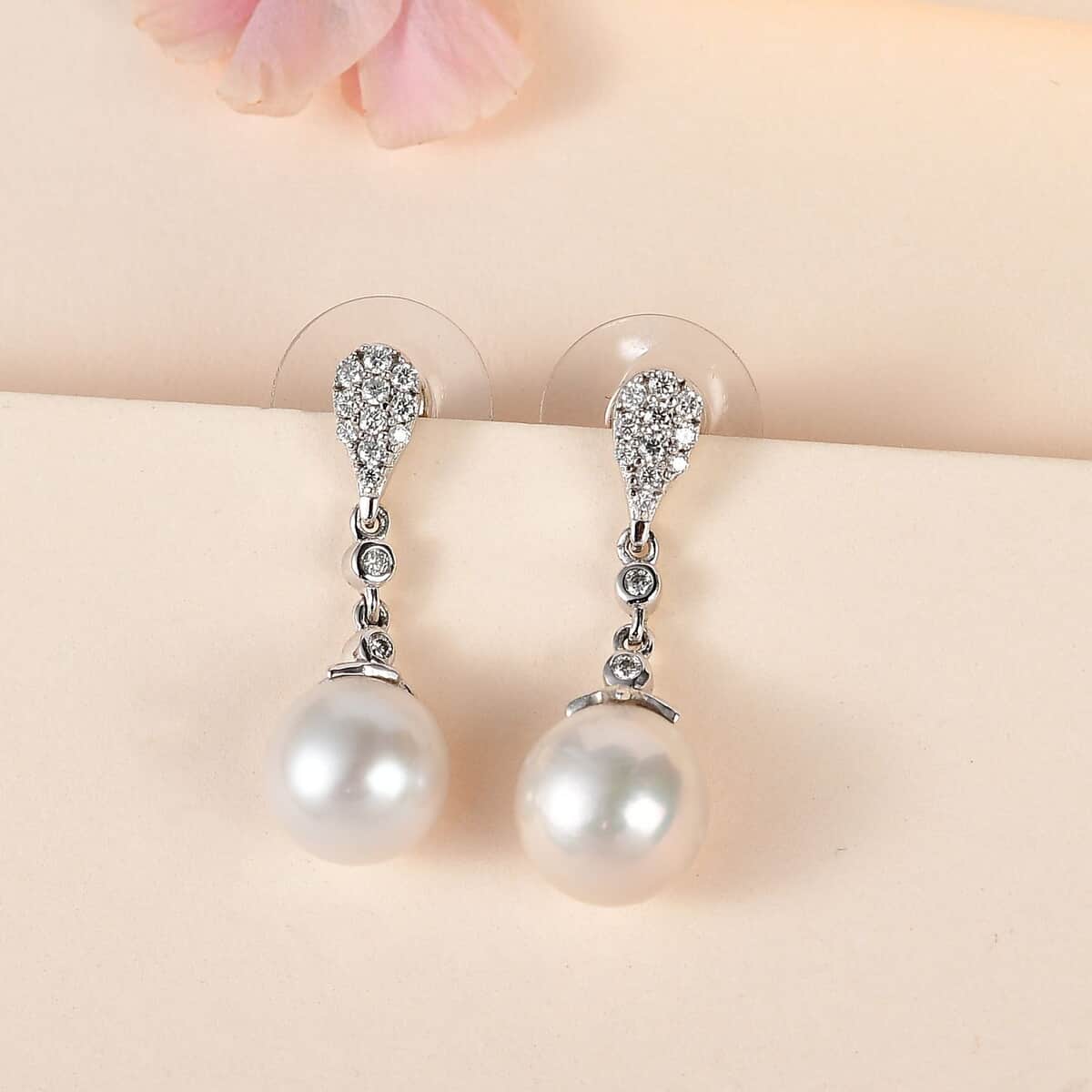 White Freshwater Pearl and Moissanite Statement Drop Earrings in Rhodium Over Sterling Silver 0.50 ctw image number 1