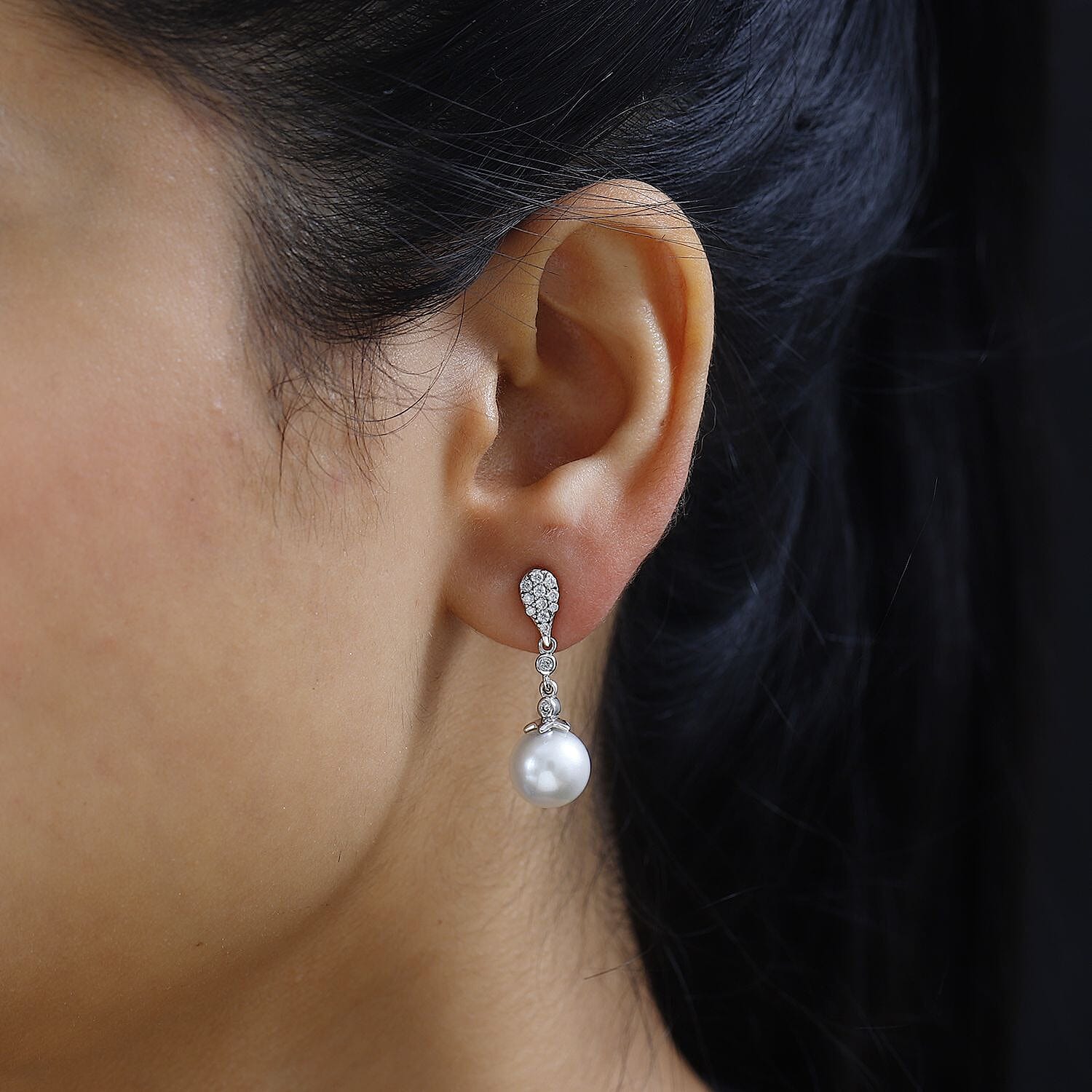 White Freshwater Pearl and Moissanite Statement Drop Earrings in Rhodium Over Sterling Silver 0.50 ctw