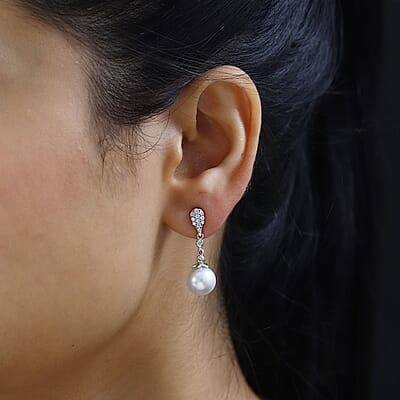 White Freshwater Pearl and Moissanite Statement Drop Earrings in Rhodium Over Sterling Silver 0.50 ctw