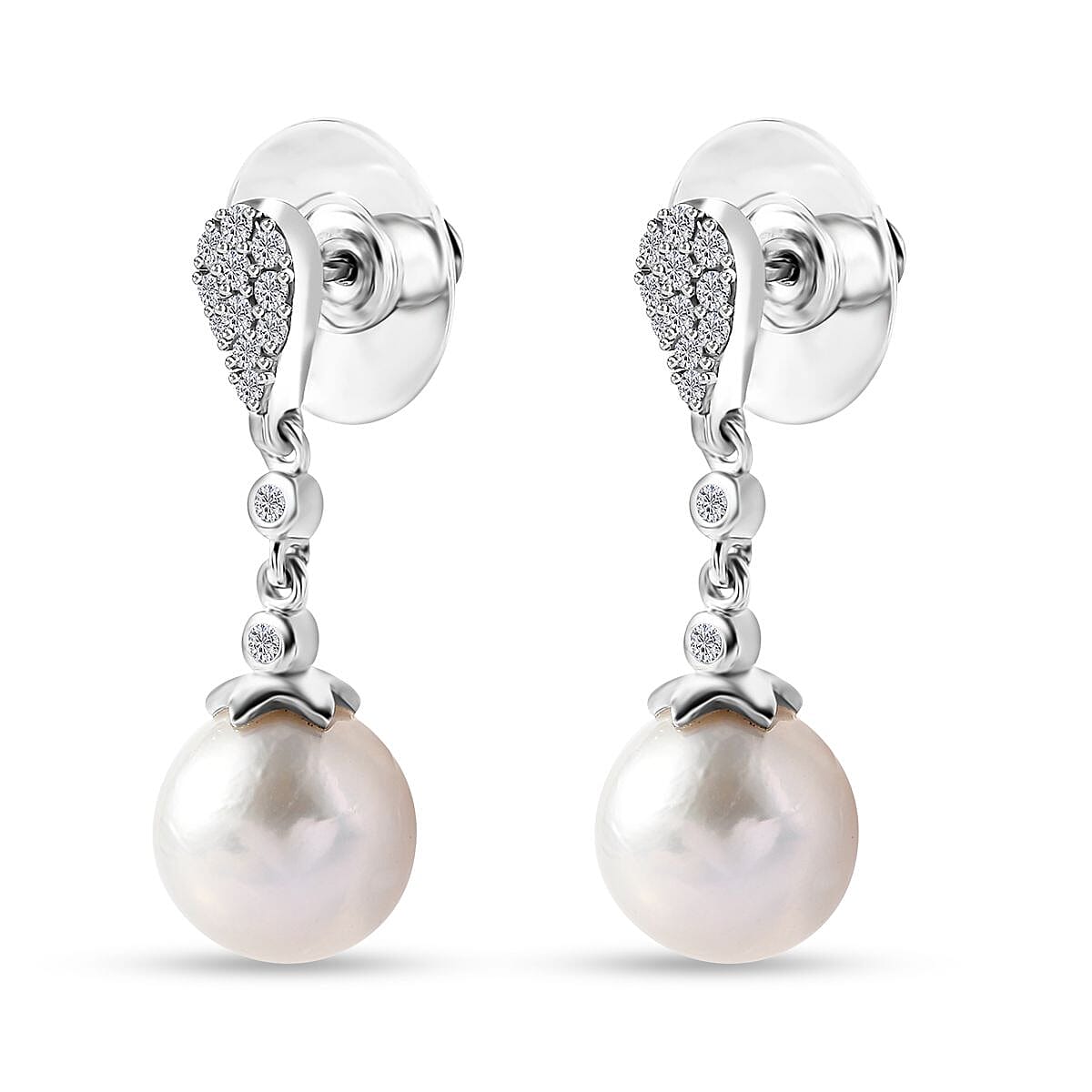 White Freshwater Pearl and Moissanite Statement Drop Earrings in Rhodium Over Sterling Silver 0.50 ctw