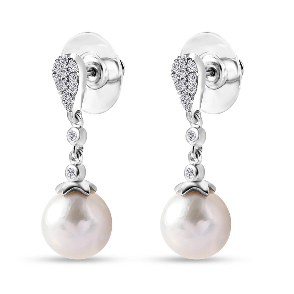 White Freshwater Pearl and Moissanite Statement Drop Earrings in Rhodium Over Sterling Silver 0.50 ctw image number 3