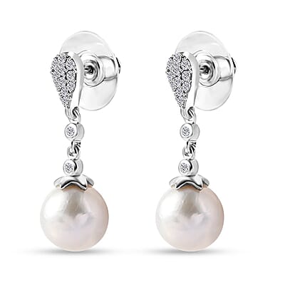 White Freshwater Pearl and Moissanite Statement Drop Earrings in Rhodium Over Sterling Silver 0.50 ctw