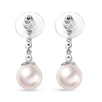 White Freshwater Pearl and Moissanite Statement Drop Earrings in Rhodium Over Sterling Silver 0.50 ctw