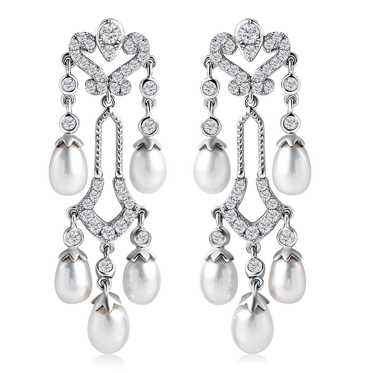 White Freshwater Pearl, Moissanite Earrings in Rhodium Over Sterling Silver 2.00 ctw image number 0