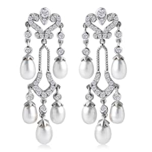 White Freshwater Pearl and Moissanite Statement Chandelier Drop Earrings in Rhodium Over Sterling Silver 2.00 ctw