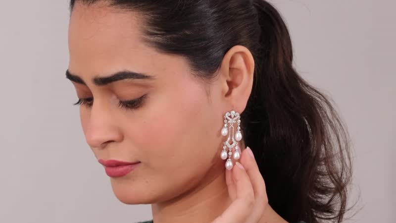 White Freshwater Pearl, Moissanite Earrings in Rhodium Over Sterling Silver 2.00 ctw