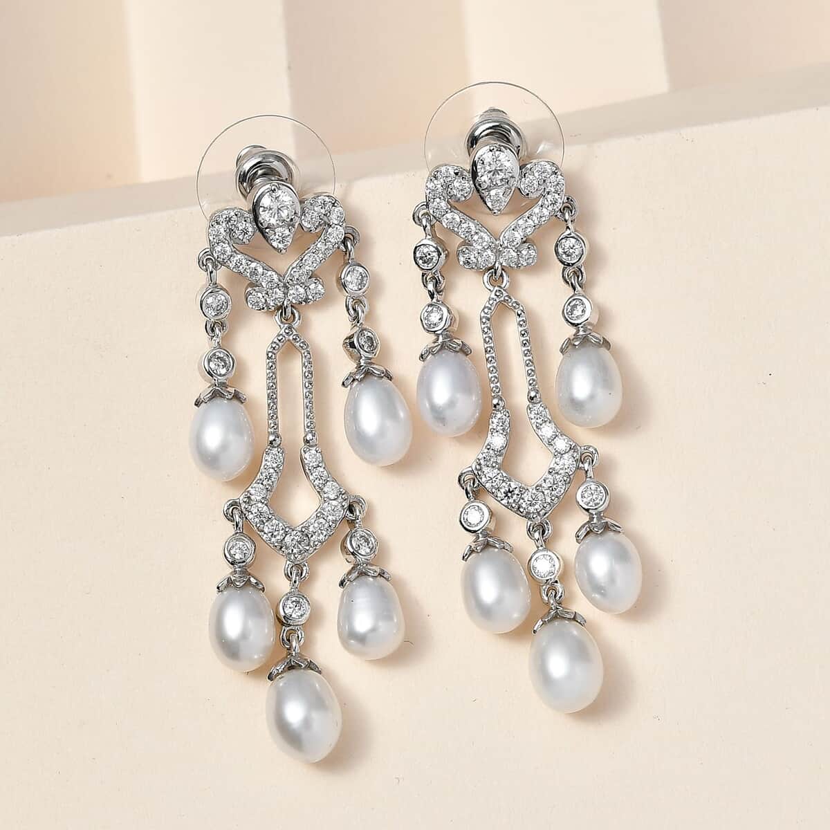 White Freshwater Pearl and Moissanite Statement Chandelier Drop Earrings in Rhodium Over Sterling Silver 2.00 ctw image number 1