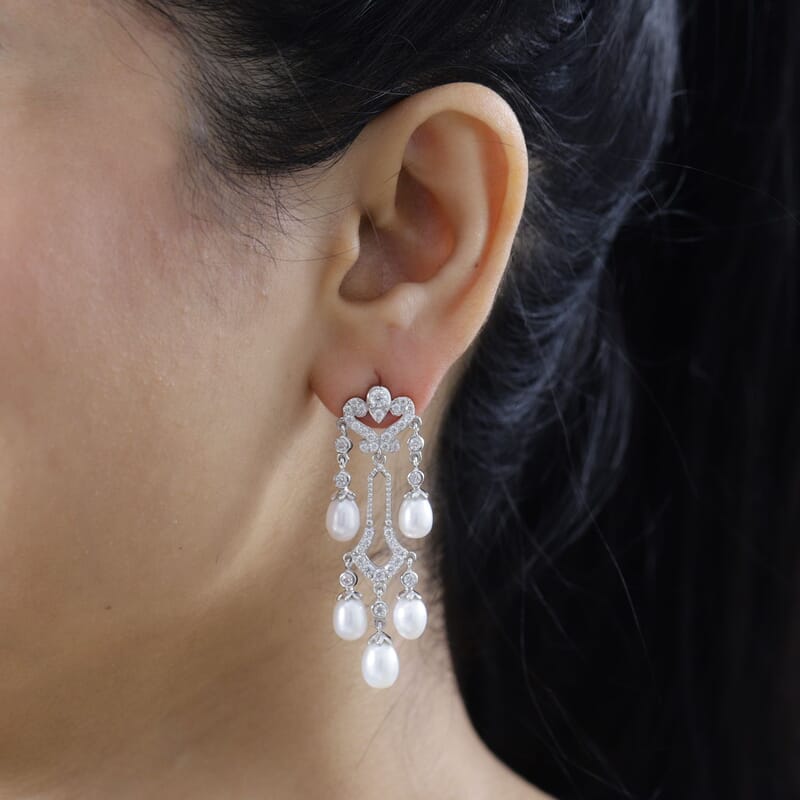 White Freshwater Pearl and Moissanite Statement Chandelier Drop Earrings in Rhodium Over Sterling Silver 2.00 ctw